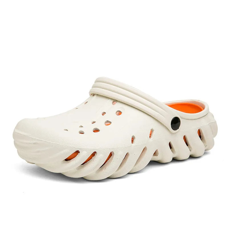 Men's beige EVA slipper sandals with hollow-out pattern and non-slip sole.