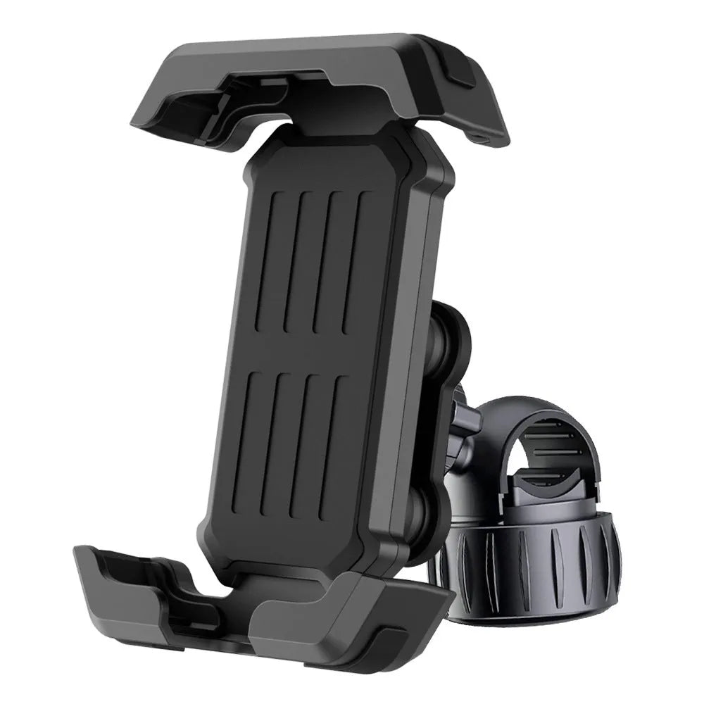 Black ABS plastic bicycle handlebar phone mount with knob adjustment for secure smartphone navigation during cycling