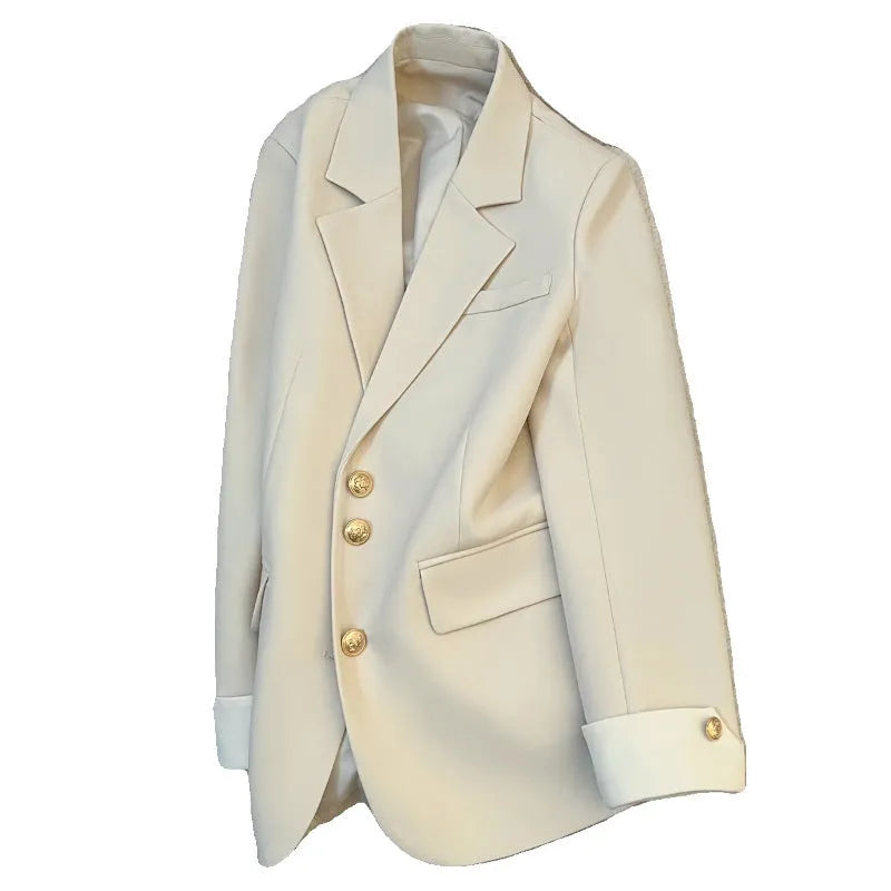 Korean-style loose fit women's coat in solid colour polyester, medium 65cm length with pockets.