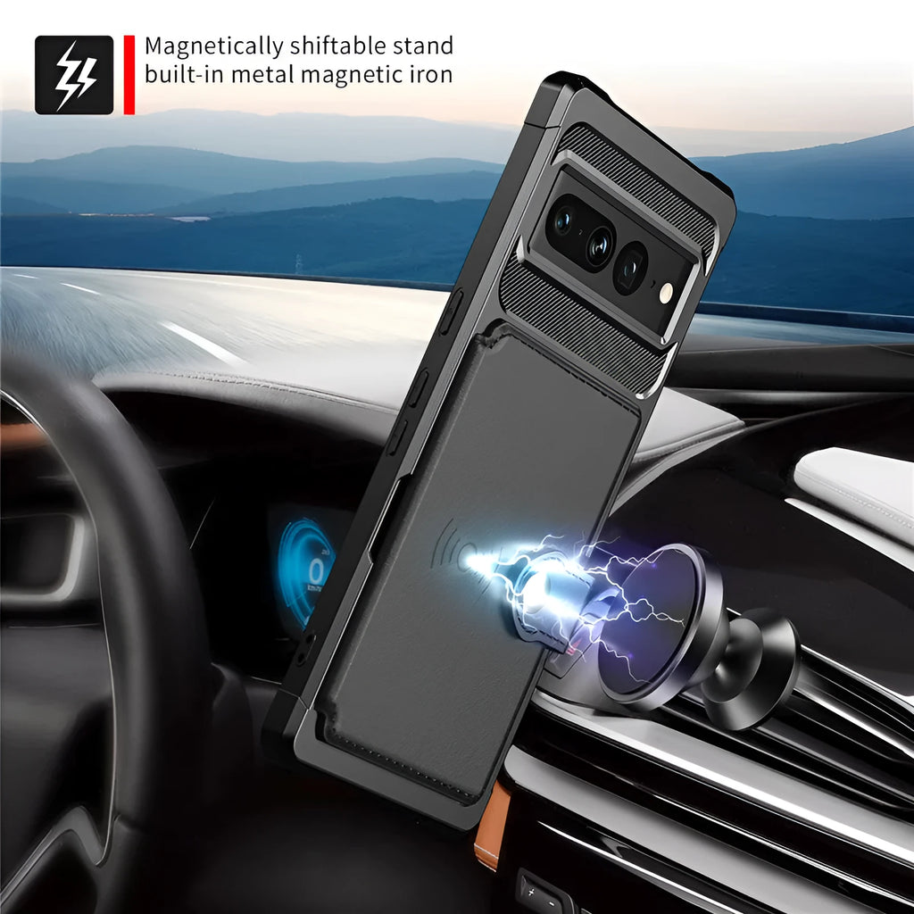 Google Pixel 7 card phone case wallet button drop-resistant protective cover in black with card slot