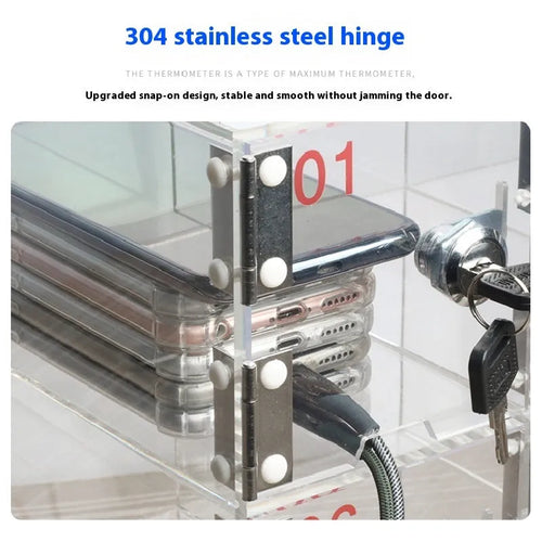 Clear acrylic mobile phone storage cabinet with charging holes, multiple compartments for office desk organisation