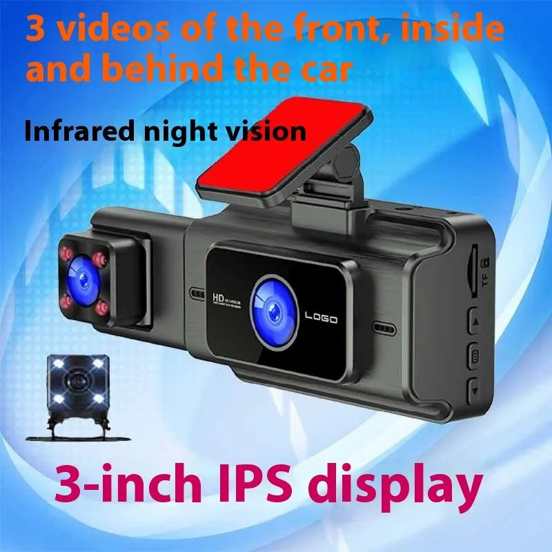 Black 3-lens front windscreen car dash cam with a 3-inch screen, showing dimensions of 7.3 by 11.1 by 15.3 centimetres.