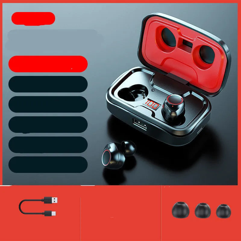 Black wireless Bluetooth in-ear earphones shown with a case on a plain background.