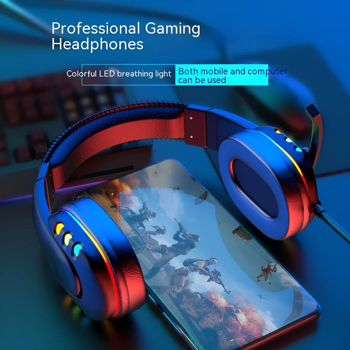 Black Colourful gaming headset with LED breathing light, sponge ear cushions, nylon cable, and omnidirectional microphone on a desk