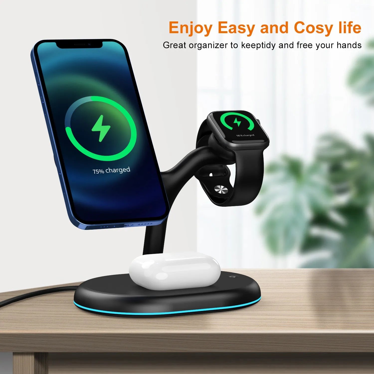 Black multifunctional three-in-one magnetic wireless charger on a table