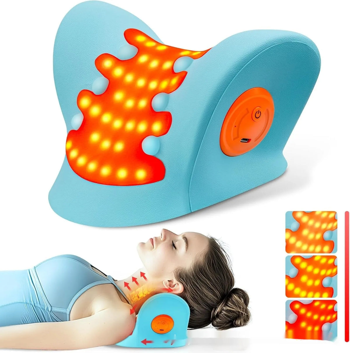 Blue PU leather cervical traction pillow with infrared and red light therapy for neck relief