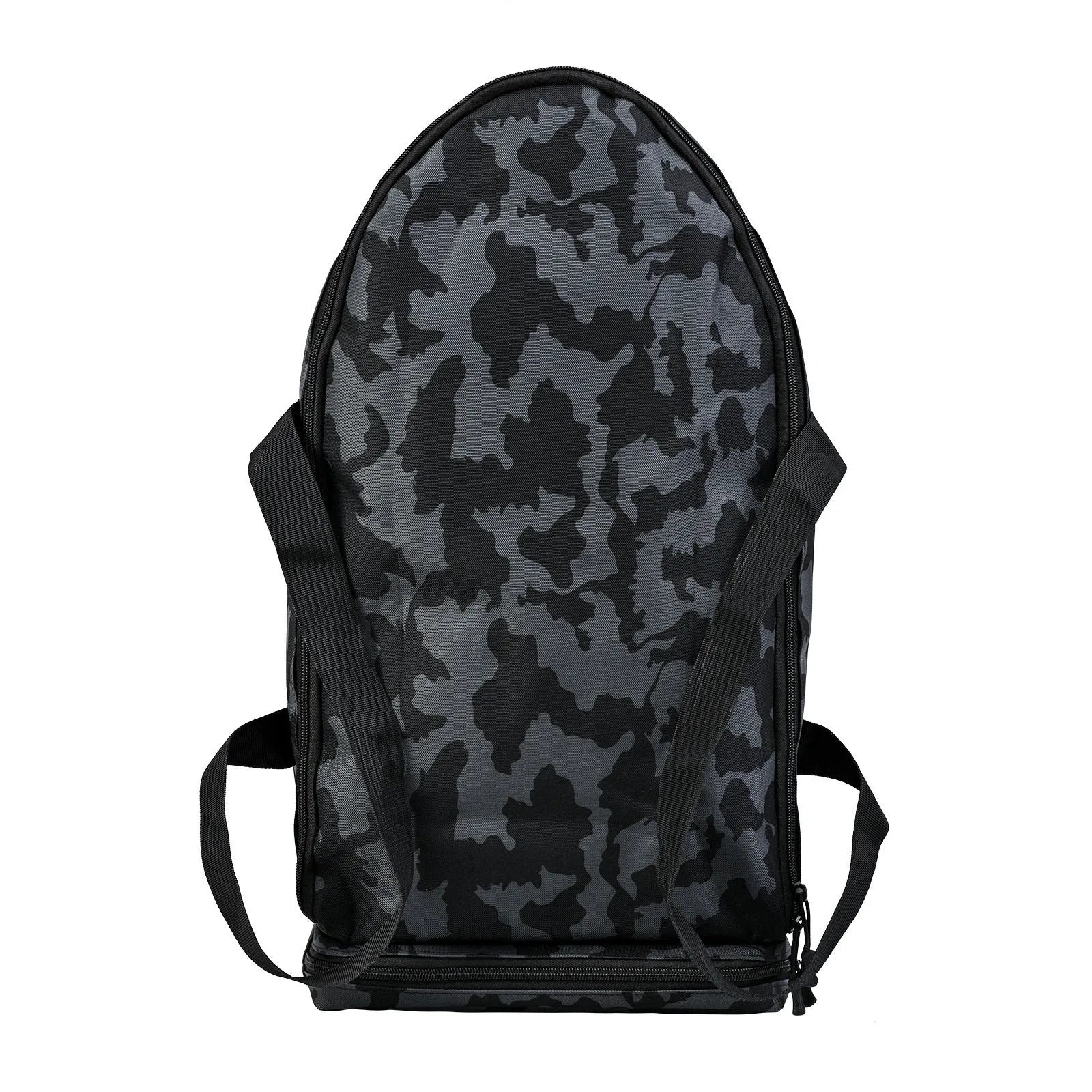 Portable fishing boat storage bag in 1000D polyester fibre, shown in Black and Camouflage colours