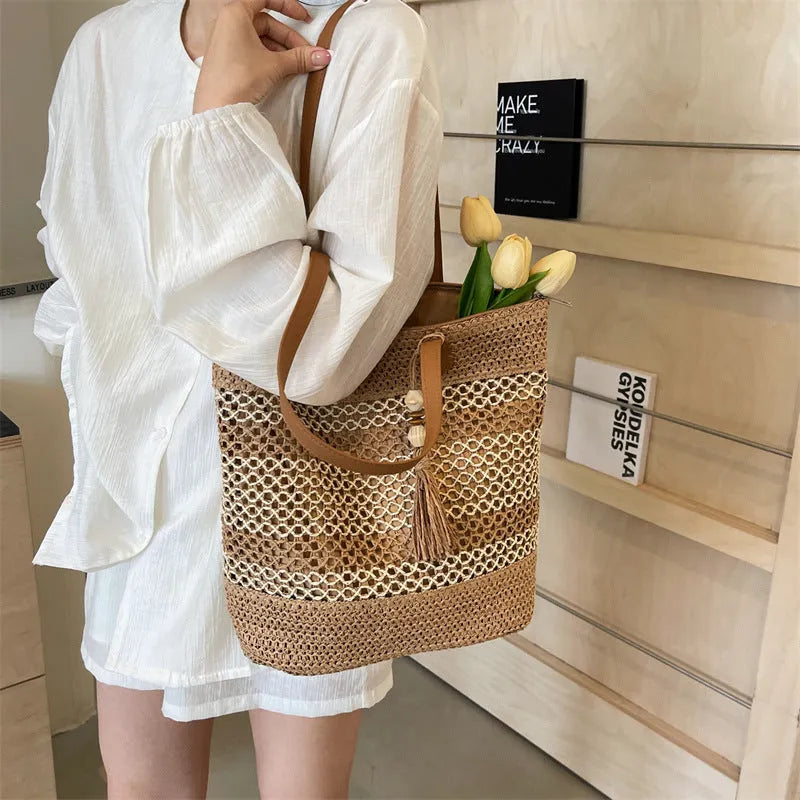 Straw shoulder bag with tassel pendant, horizontal square shape, double straps, Brown or Milky White