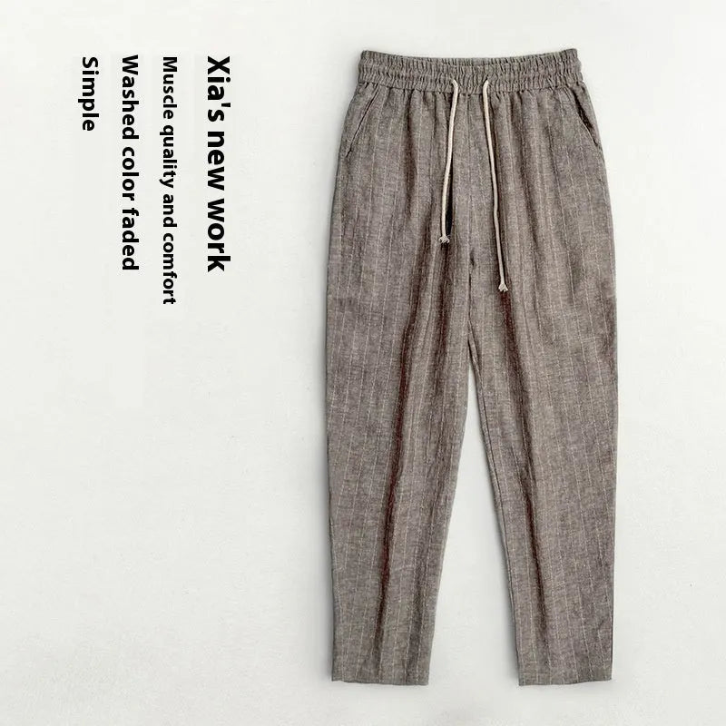 Men's striped linen-cotton casual trousers in a cropped summer length