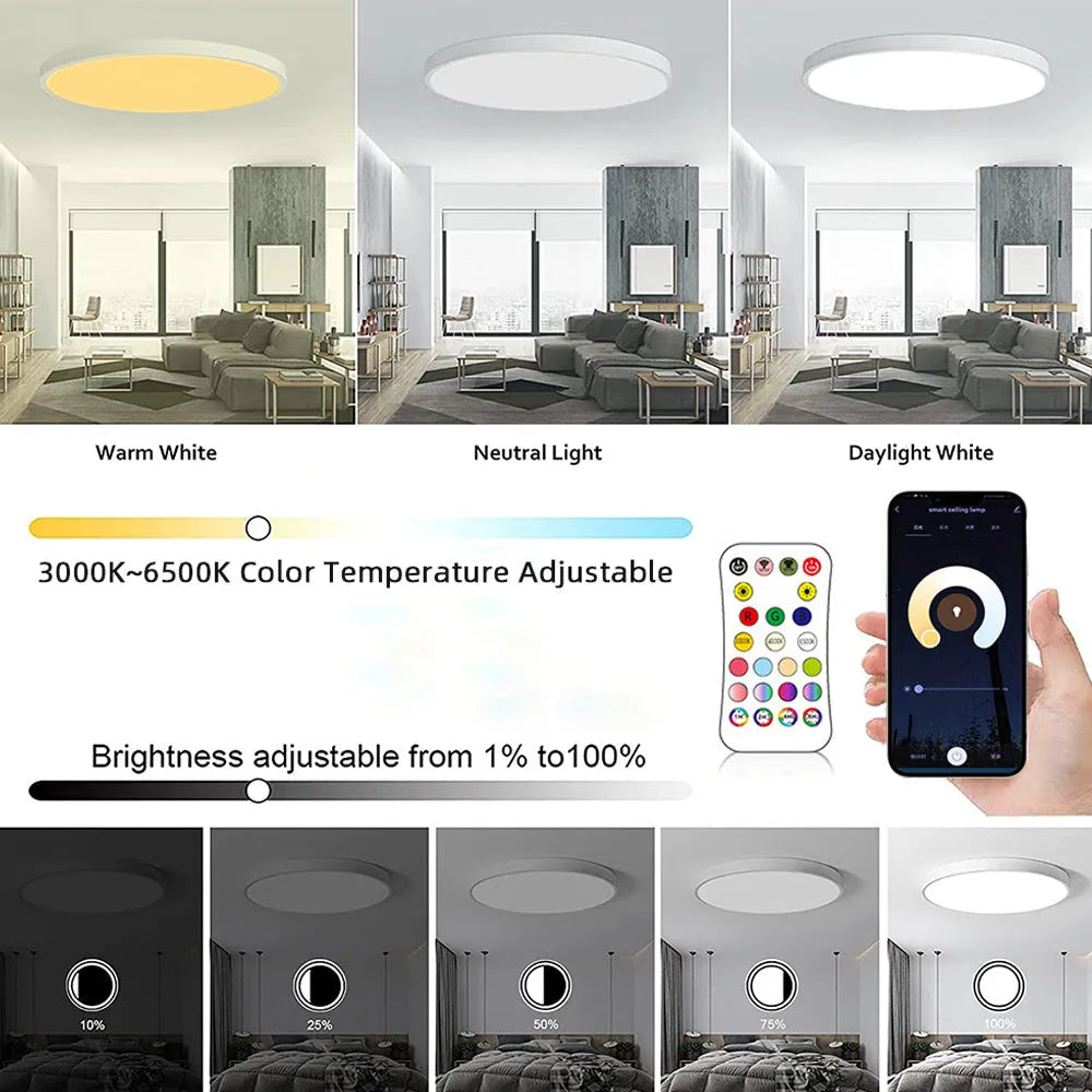 RGBCW Bluetooth ceiling lamp with colour mixing and dimming control in black or white