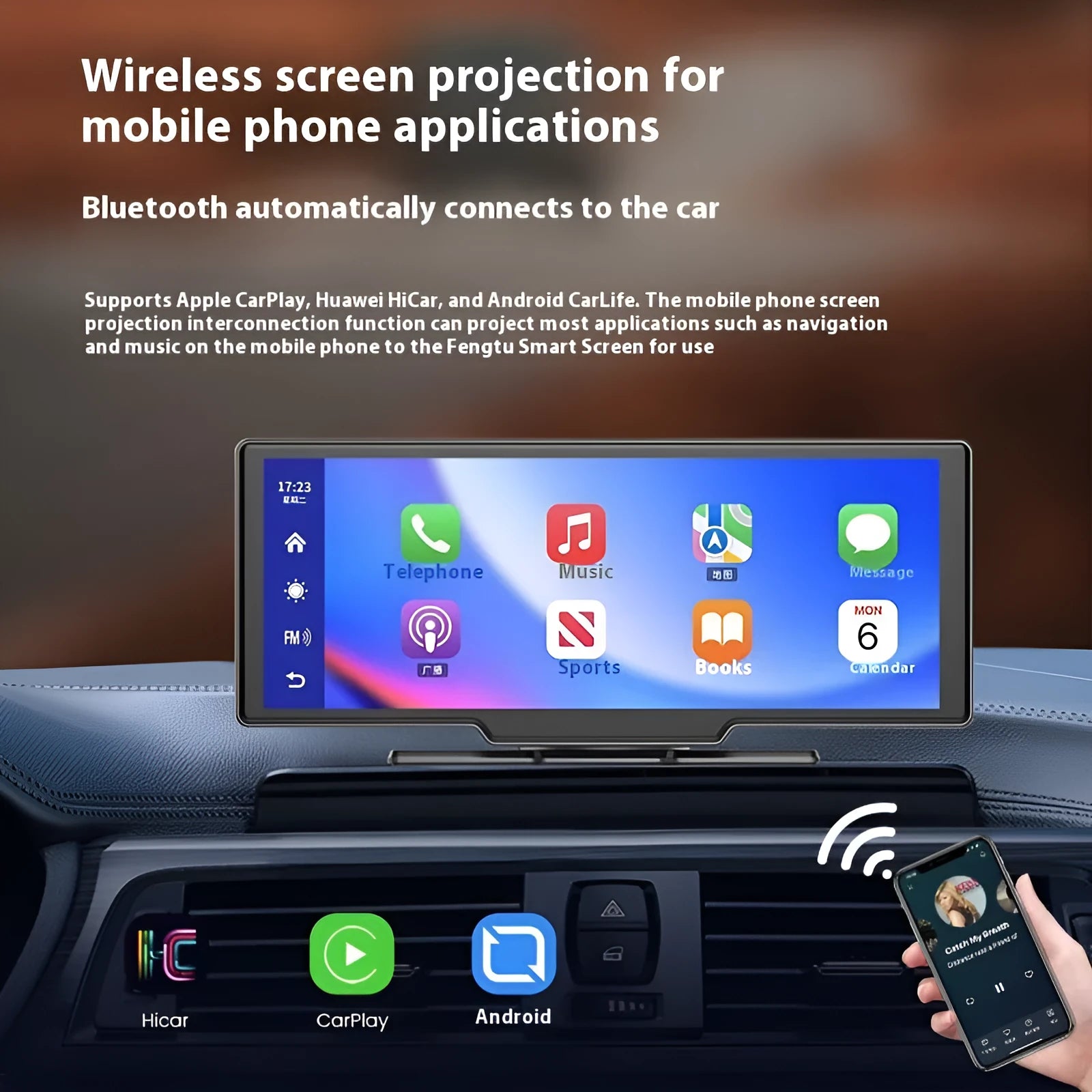 10-inch black car smart screen with CarPlay display mounted on a car dashboard, showing navigation map.