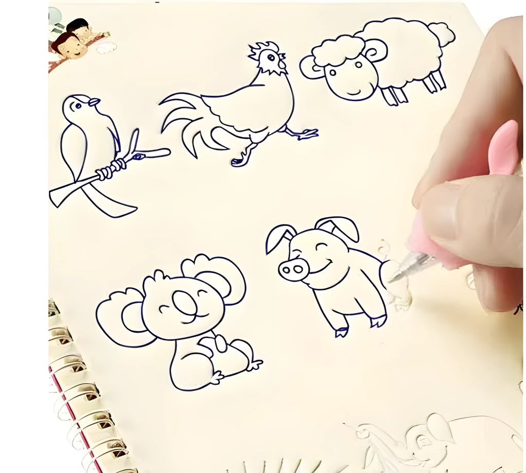 Hard cover magic practice writing book with pen holder and refills for reusable handwriting exercises