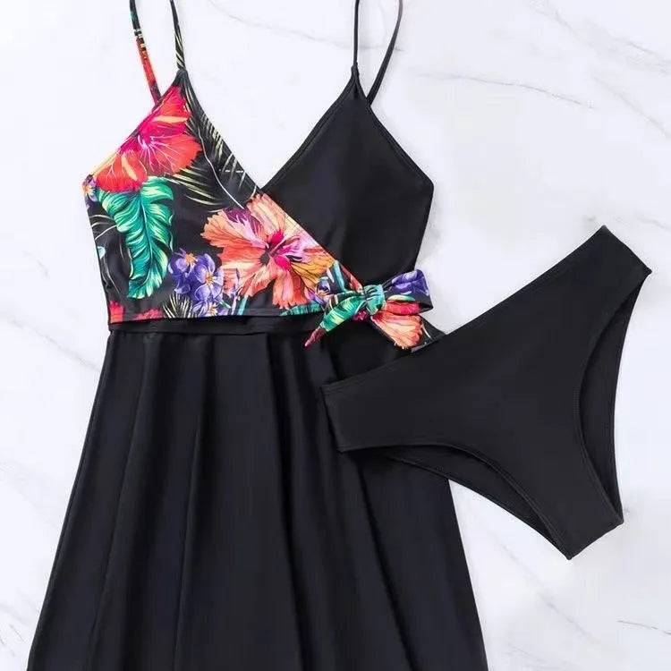 Women's high waist briefs printed split bikini in black colour for sports activities