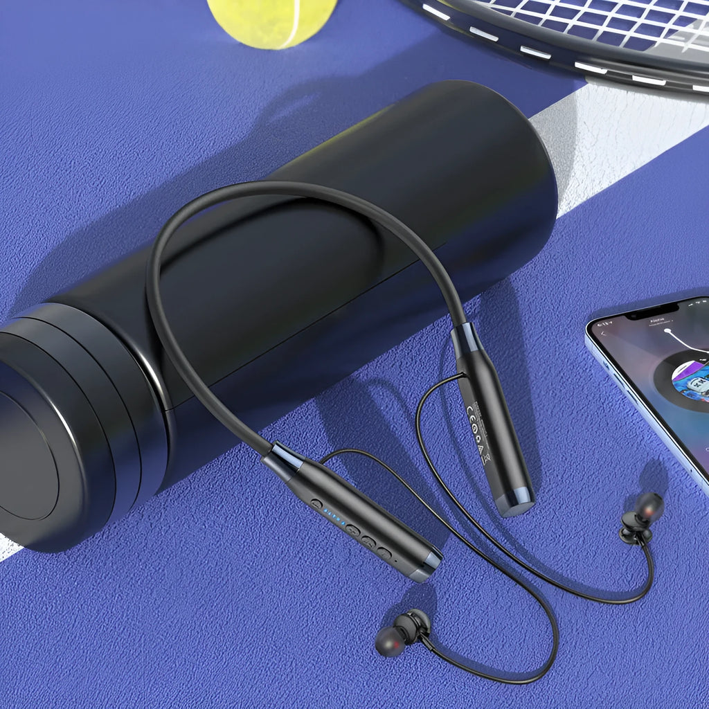 Halter wireless sports Bluetooth earphone with neck hanging design and digital display in black colour