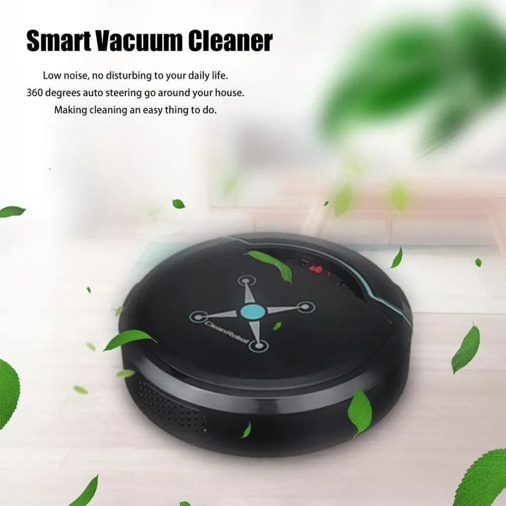 Smart robot vacuum cleaner in black on a hard floor, 22.8 x 22.8 x 7 cm, with ABS body and USB charging cable