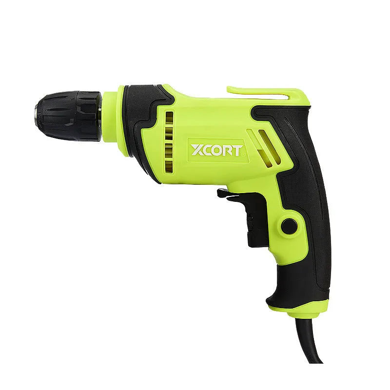 Pistol-grip high-speed 450W electric drill with a black and silver body and keyless chuck.