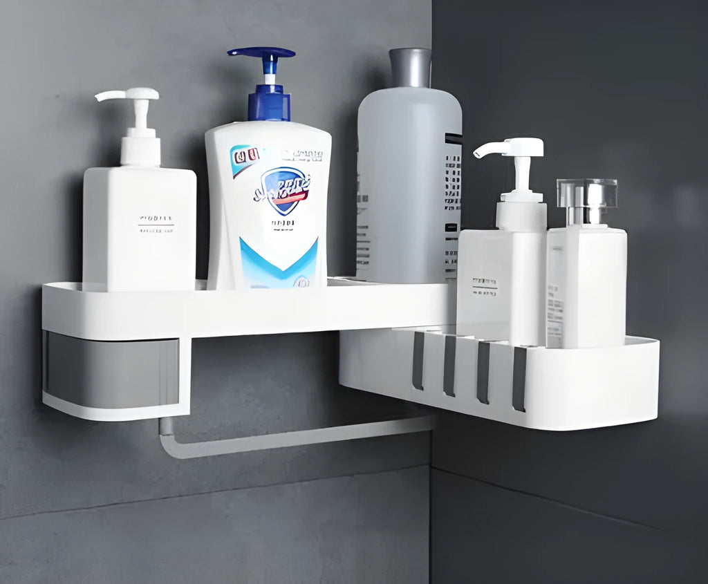 Retro European bathroom corner shelf with suction mount in white and grey colour option