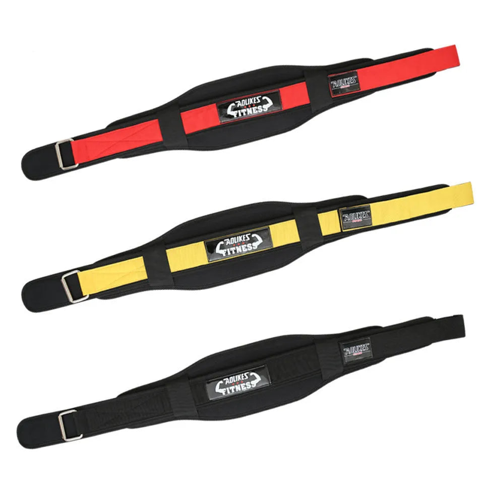 Nylon weightlifting squat belt protector in black, red, or yellow, sizes M L XL, for lumbar support during squats.