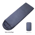 Navy blue envelope-style sleeping bag for adult camping use.
