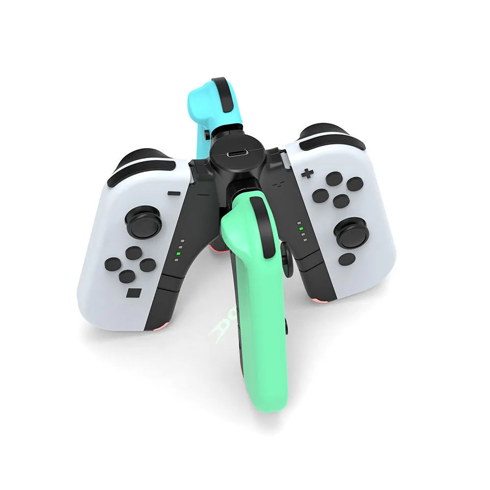 Black ABS four-in-one Joy-Con charger holder with Type-C interface for Switch OLED and Switch rod end.