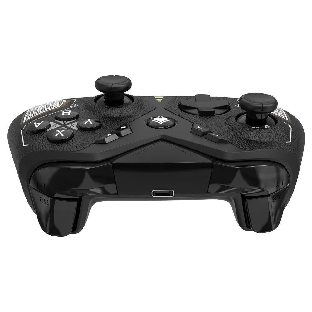 Black wireless game controller with ergonomic handles and leather-like texture, shown with Type-C cable