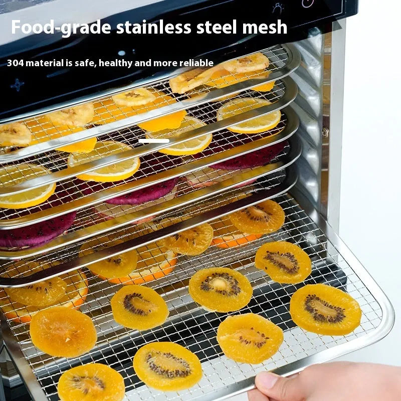 Stainless steel food dehydrator with clear skylight lid and multiple mesh drying trays
