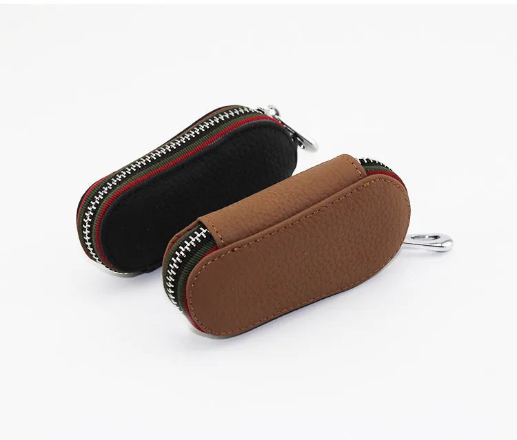 Brown leather universal car key case for storing a car key or remote fob