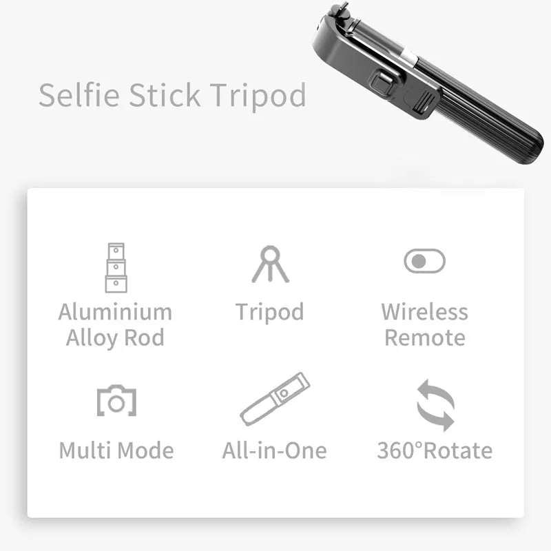 Black aluminium telescopic tripod selfie stick extended with an iPhone secured in the holder.