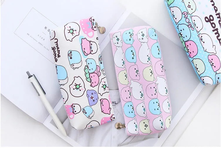 Blue triangle-shaped PU leather pencil case with cartoon pattern and large zipper