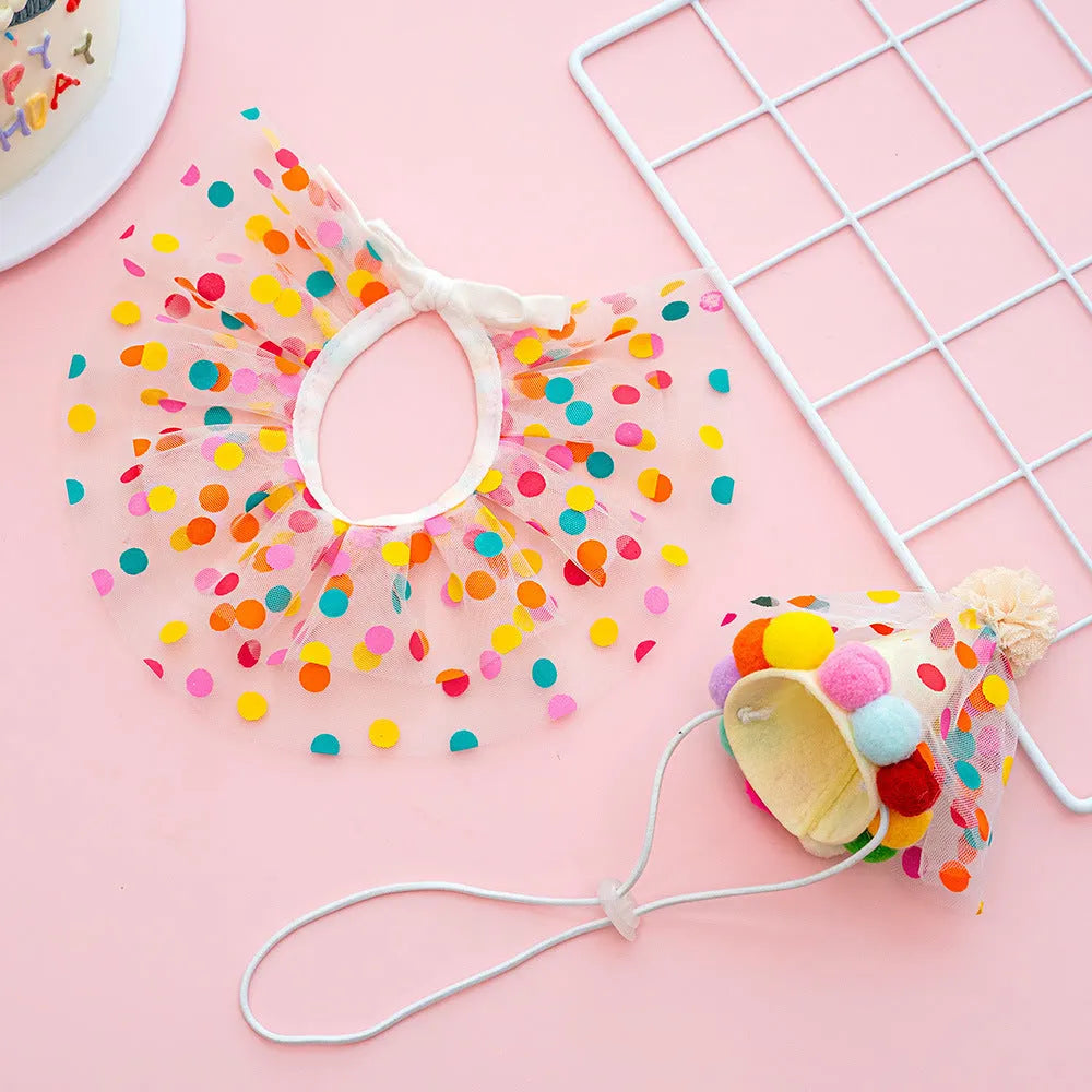 Pet polka dot lace bib dog birthday suit with colourful dots hat and saliva towel for small to medium dogs
