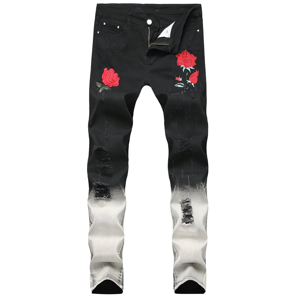 Black high-waist rose-embroidered shredded stretch denim jeans for women