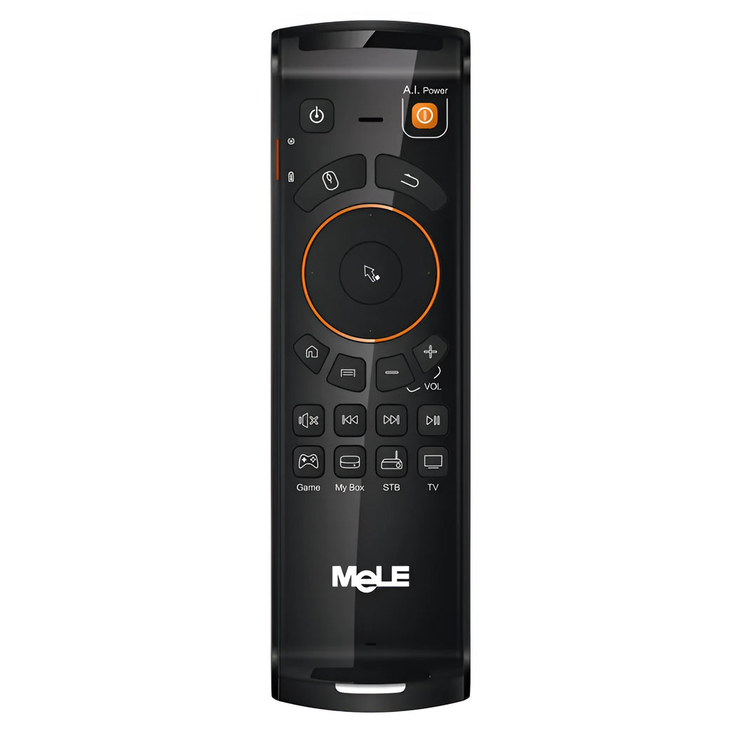 Black Mele F10 Deluxe wireless air mouse remote control with QWERTY keyboard and USB receiver.