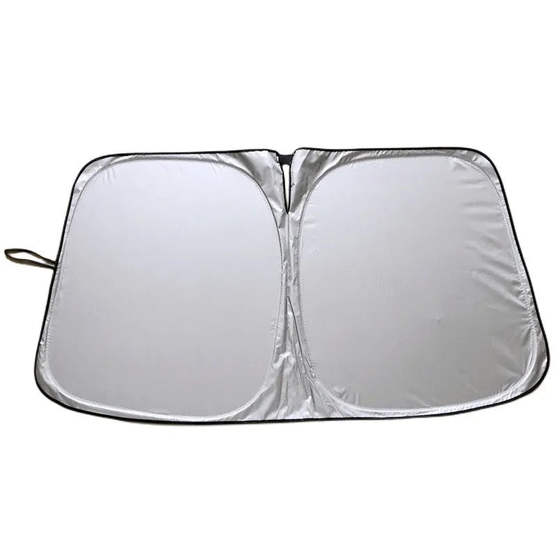 Titanium silver aluminium foil car sunshade folded, showing reflective surface and size options.