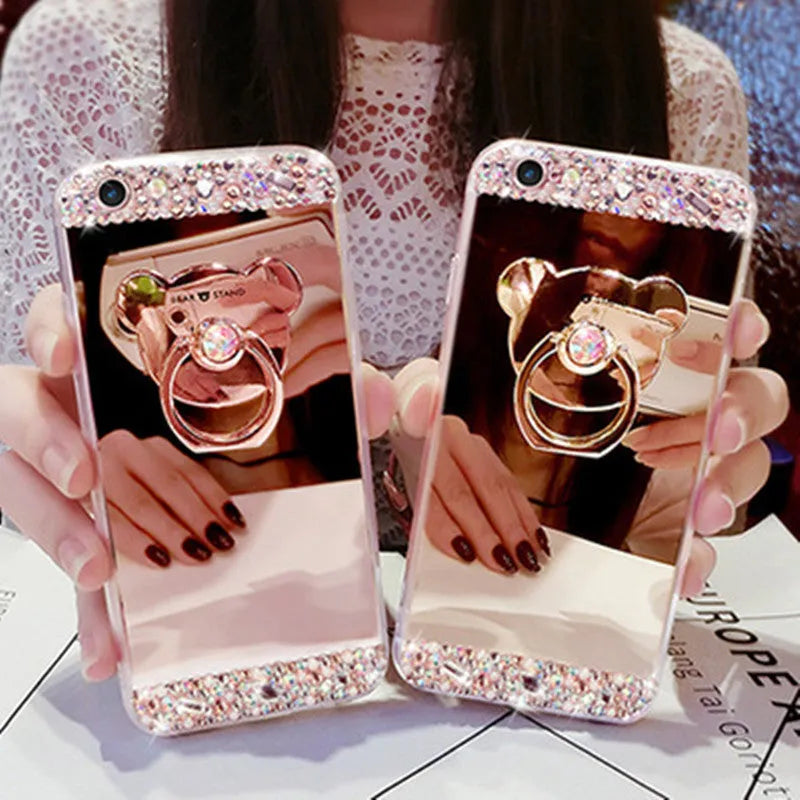 Silicone phone case with drill mirror, holder, and handmade rhinestones, in rose gold, silver, or tyrant gold for iPhone 11, 12, 13, 6, 7, 8, X, XR, XS Max.