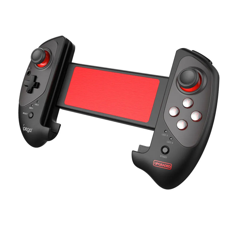 Red telescopic Bluetooth gamepad controller holding a smartphone for mobile gaming.