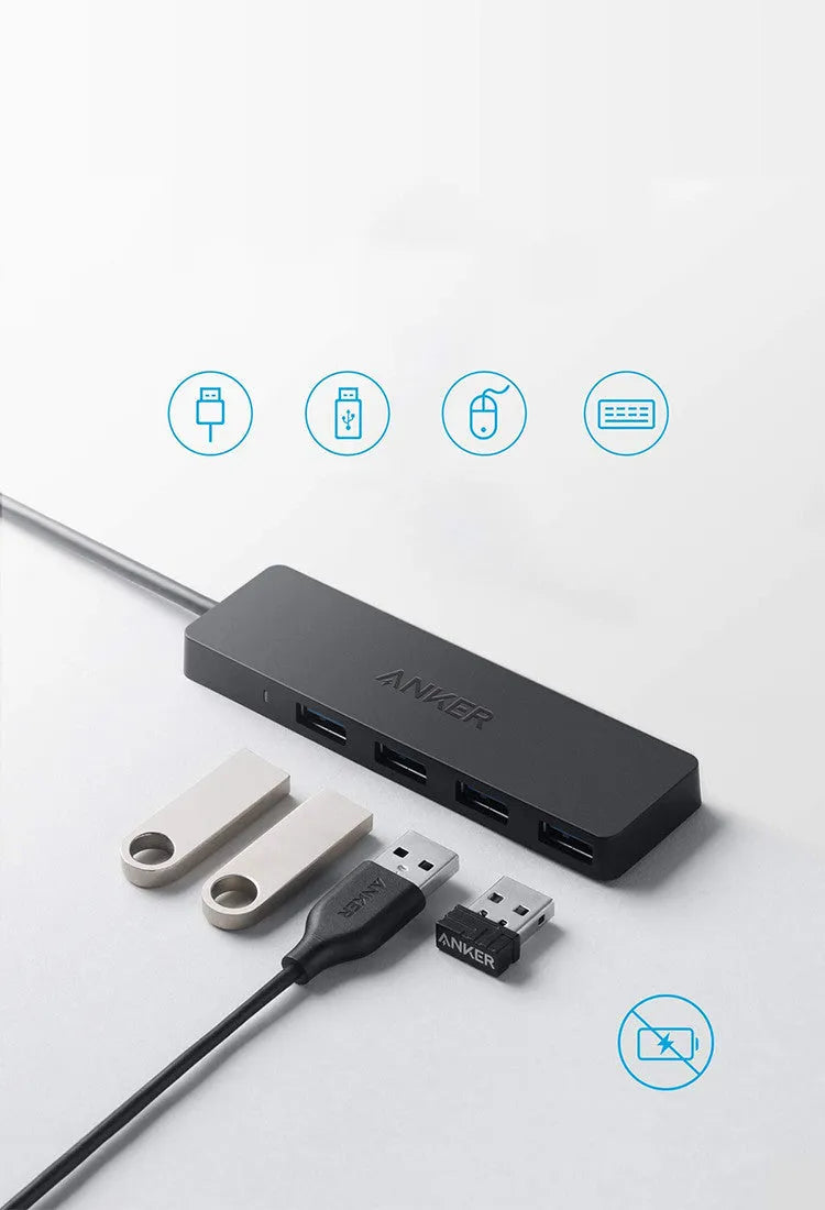 Black Anker 4-port USB 3.0 hub showing compact size and four Type-A ports.