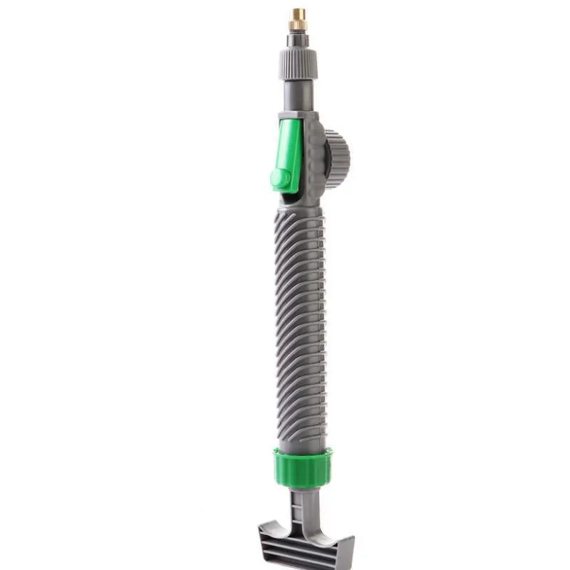 Grey watering sprayer nozzle attached to plastic bottle with 30cm connecting tube for garden watering