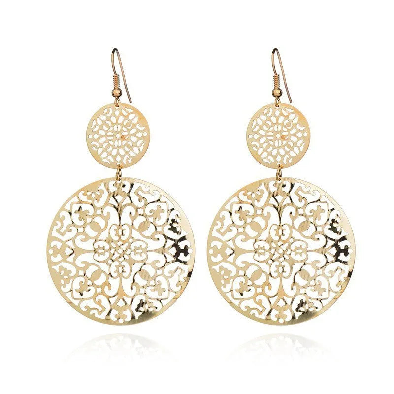 Women's round hollow gold dangle drop earrings in zinc alloy, 4.5 by 8 centimetre size