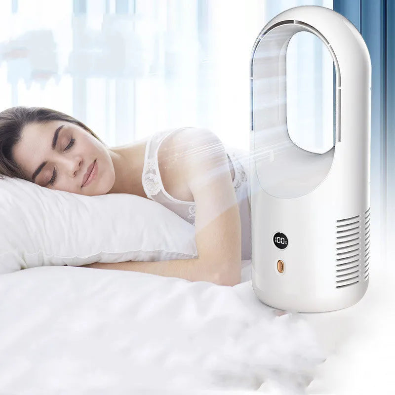 Desktop bladeless USB fan with LED display and rechargeable battery for portable cooling