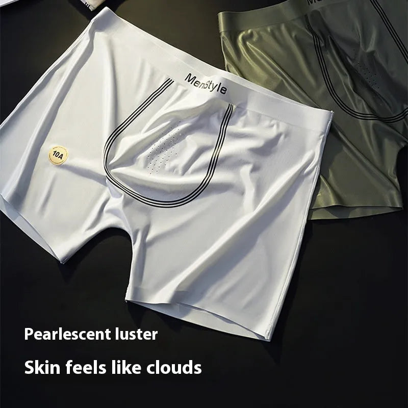 Men's seamless satin ice silk boxer shorts in flesh tone colour with mid-waist design