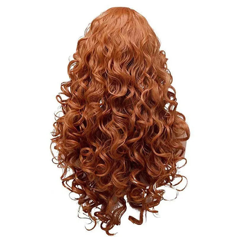 Brown long curly instant noodles style cosplay wig with wavy texture on wig head