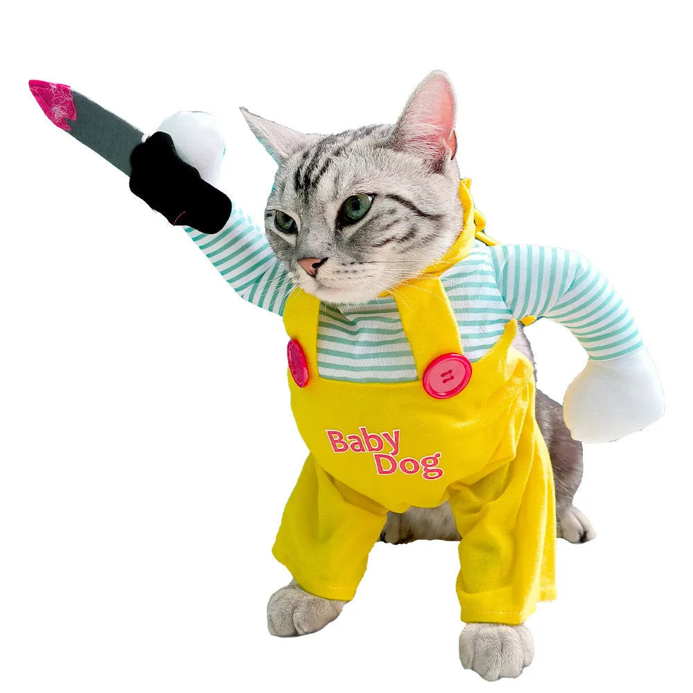 Yellow knife assassin cat costume in polyester with B02405 yellow sword colour design