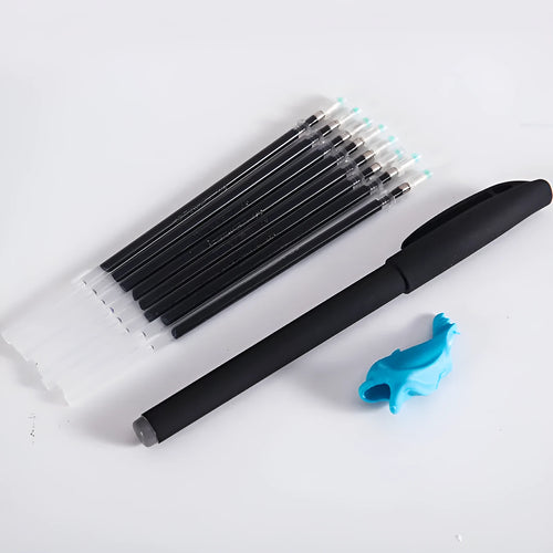 Automatic fade and disappear pen set with pen holder, storage case, and eight refill cartridges for temporary fabric markings