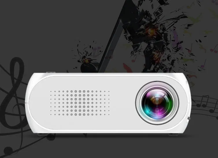 Mini HD 1080P projector with LED lens, 20-80 inch projection, black grey white, US EU style.