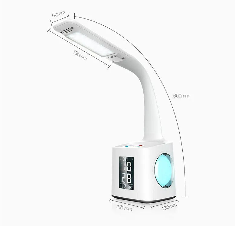 White 7-in-1 LED desk lamp with USB port, LCD screen, calendar, pen holder and colour night light base