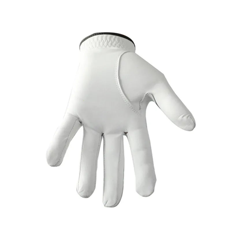 White men's golf glove with half sheepskin palm, shown laid flat.