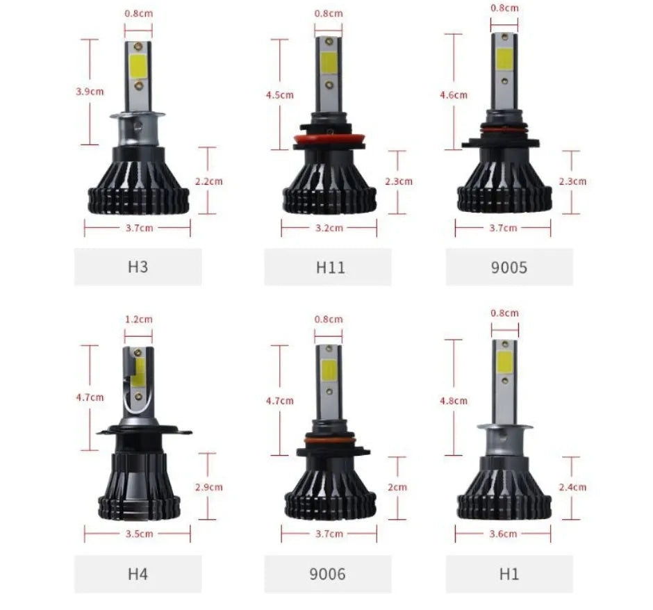 Car LED headlight bulb 3800lm 6000K COB with 50,000+ hours lifespan, available in multiple base types.