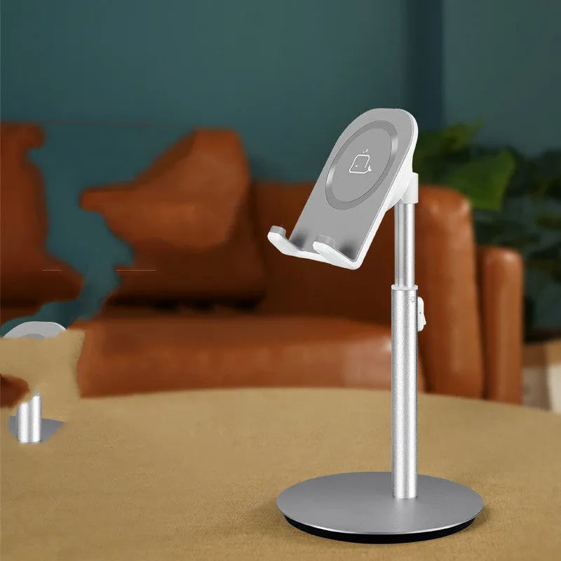 Silver metal S1 computer phone holder supporting tablet on desktop