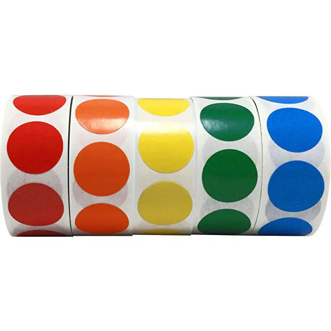 Roll of 500 chroma label colour code point stickers, each 2.5cm, in ten colours with standard permanent glue