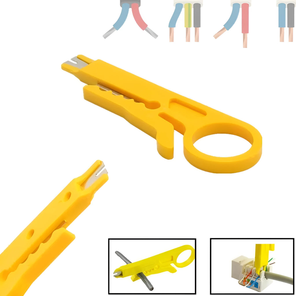 Yellow mini portable wire stripper tool with 0.6mm stripping diameter for network and telephone cables.